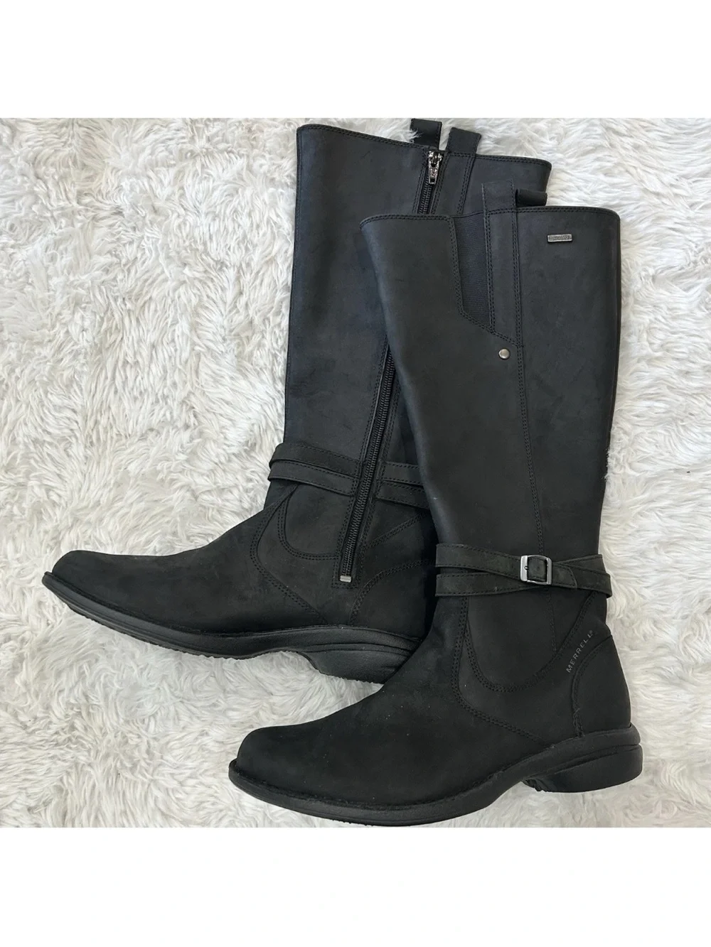Merrell Tetra Strap Waterproof Leather Boots Womens Size 8.5 Black Zip Up Riding